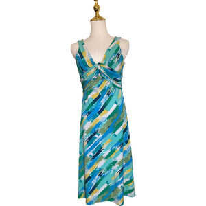 BCBGMAXAZRIA Women's Medium Blue Green White Dress V-Neck Sleeveless Striped